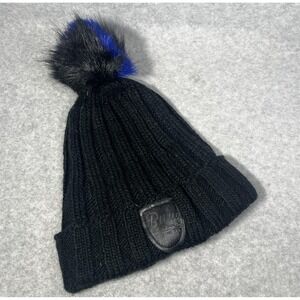 Bula Hat Beanie Pom Pom Black Blue Ribbed Knit Winter Faux Fur Lined Ski Outdoor
